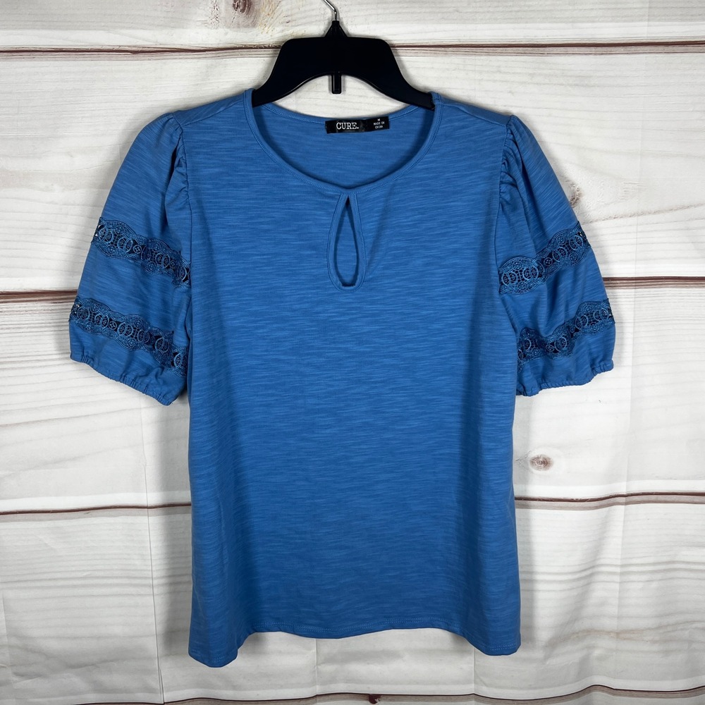 CURE. Keyhole Neck Lace Sleeve Top Womens M Blue Solid Knit Puff Sleeve Blouse